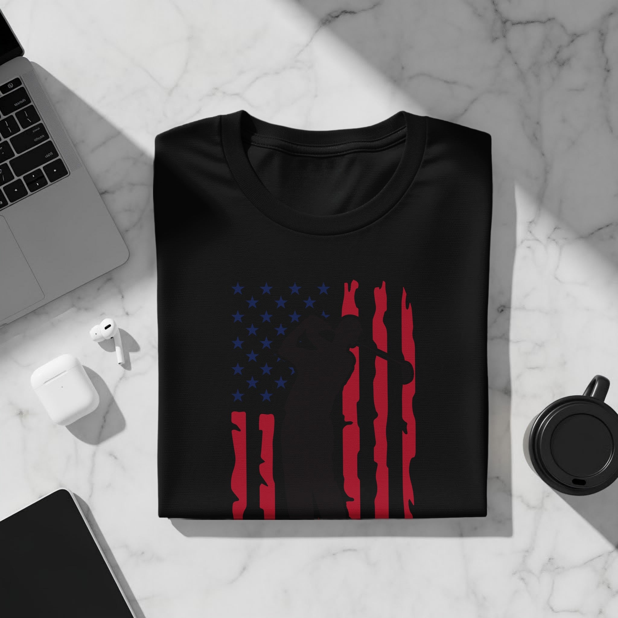 Black t-shirt with distressed American flag graphic and silhouette of a deer.