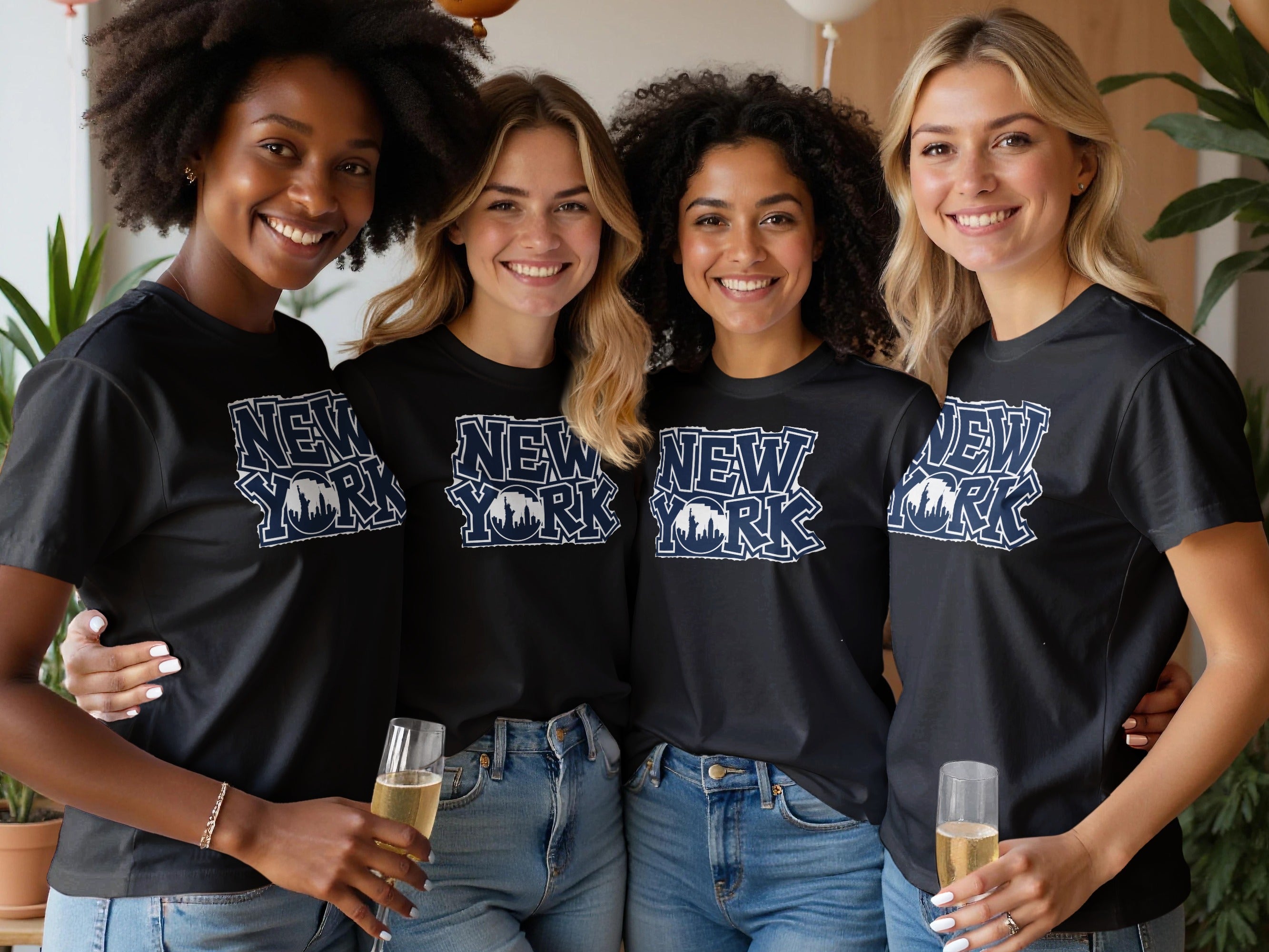 Four women smile, wearing black t-shirts with "New York" and skyline graphic.