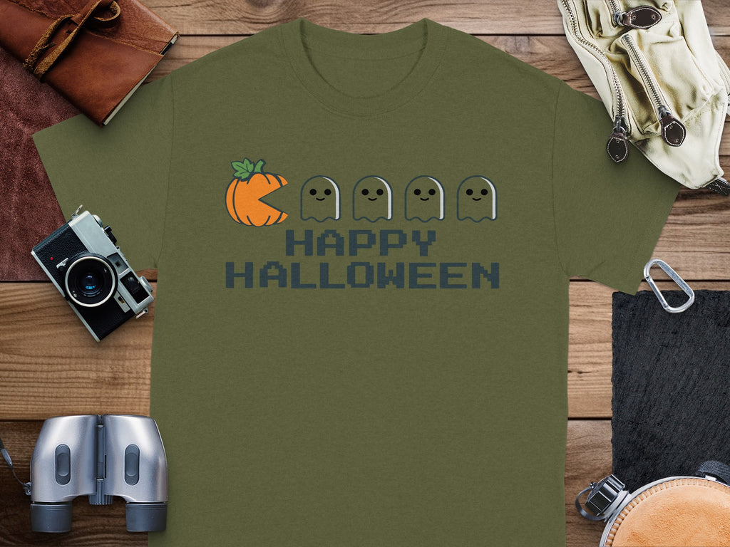 Green t-shirt with pumpkin, four ghosts, and "HAPPY HALLOWEEN" text.
