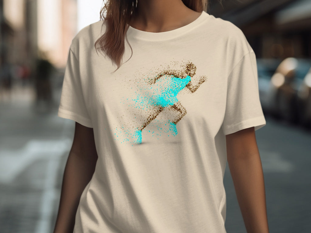 T-shirt with a runner graphics made of brown and turquoise particles.