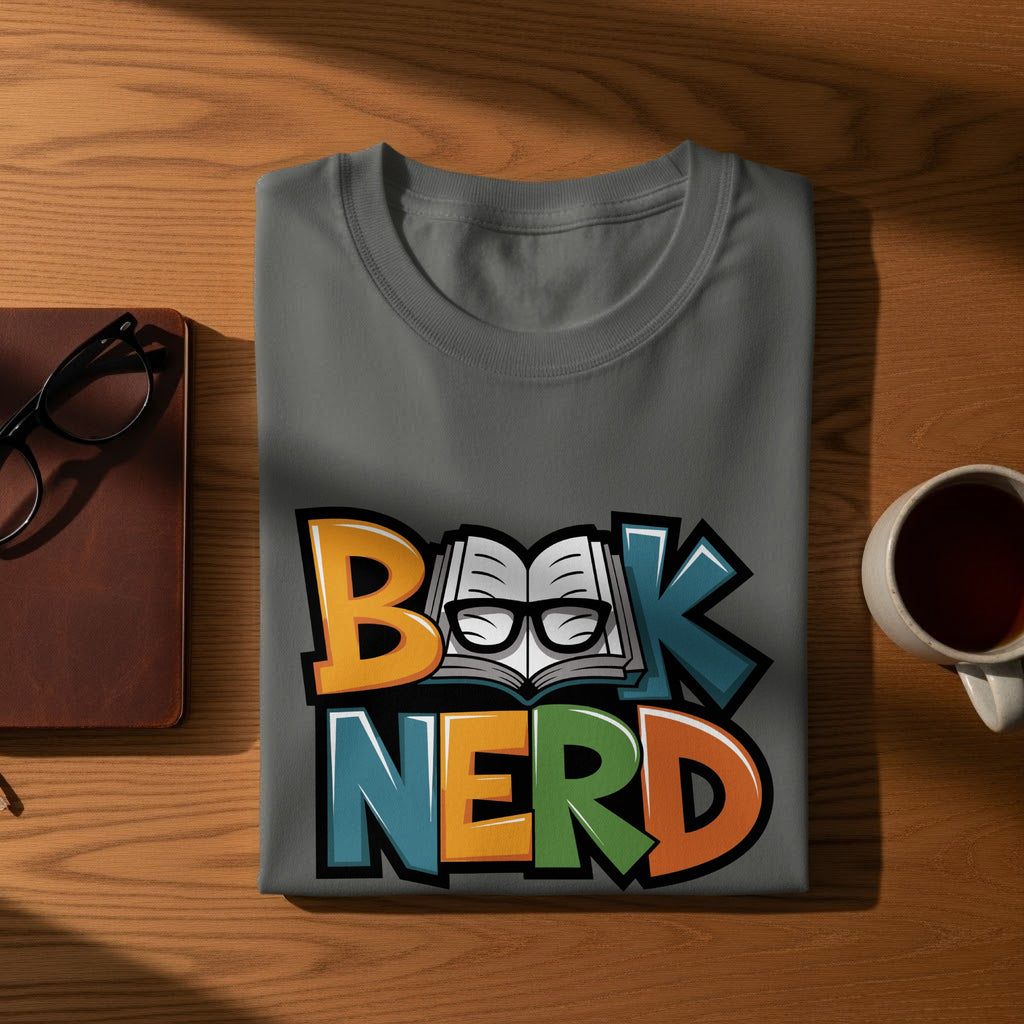 Gray t-shirt with colorful "Book Nerd" text featuring an open book and glasses.