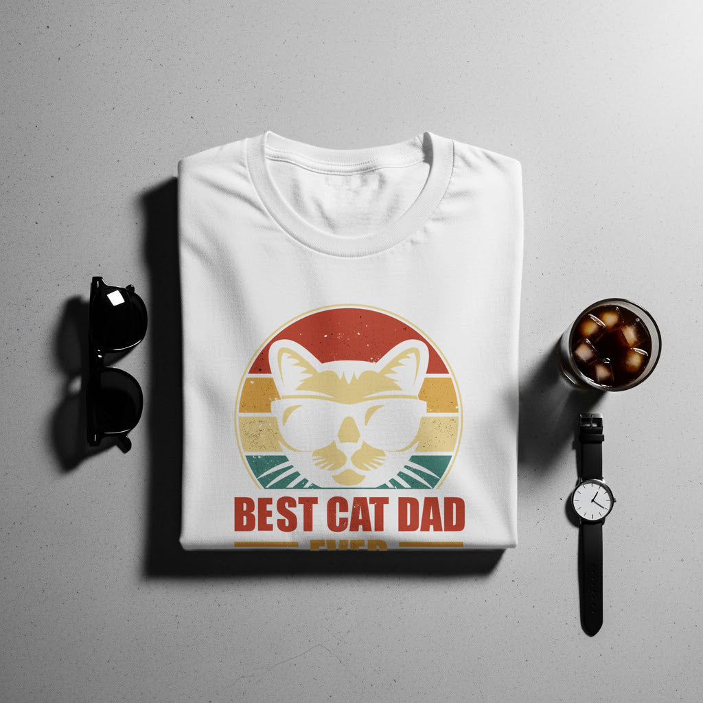 White t-shirt with retro cat graphic and "BEST CAT DAD EVER" text.
