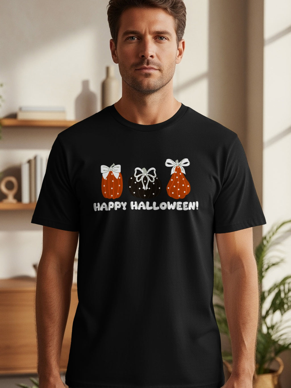 Black t-shirt with three decorated pumpkins and "Happy Halloween!" text.