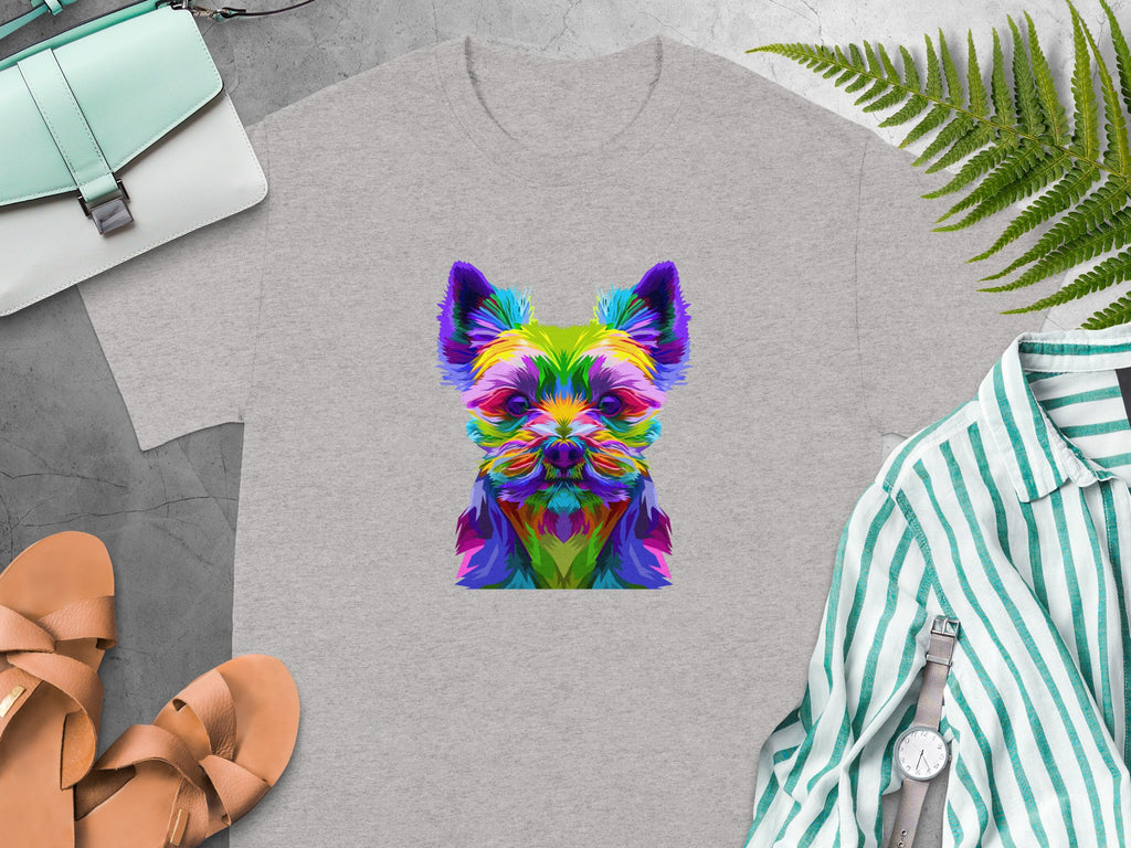 Grey t-shirt with colorful abstract dog face graphic.