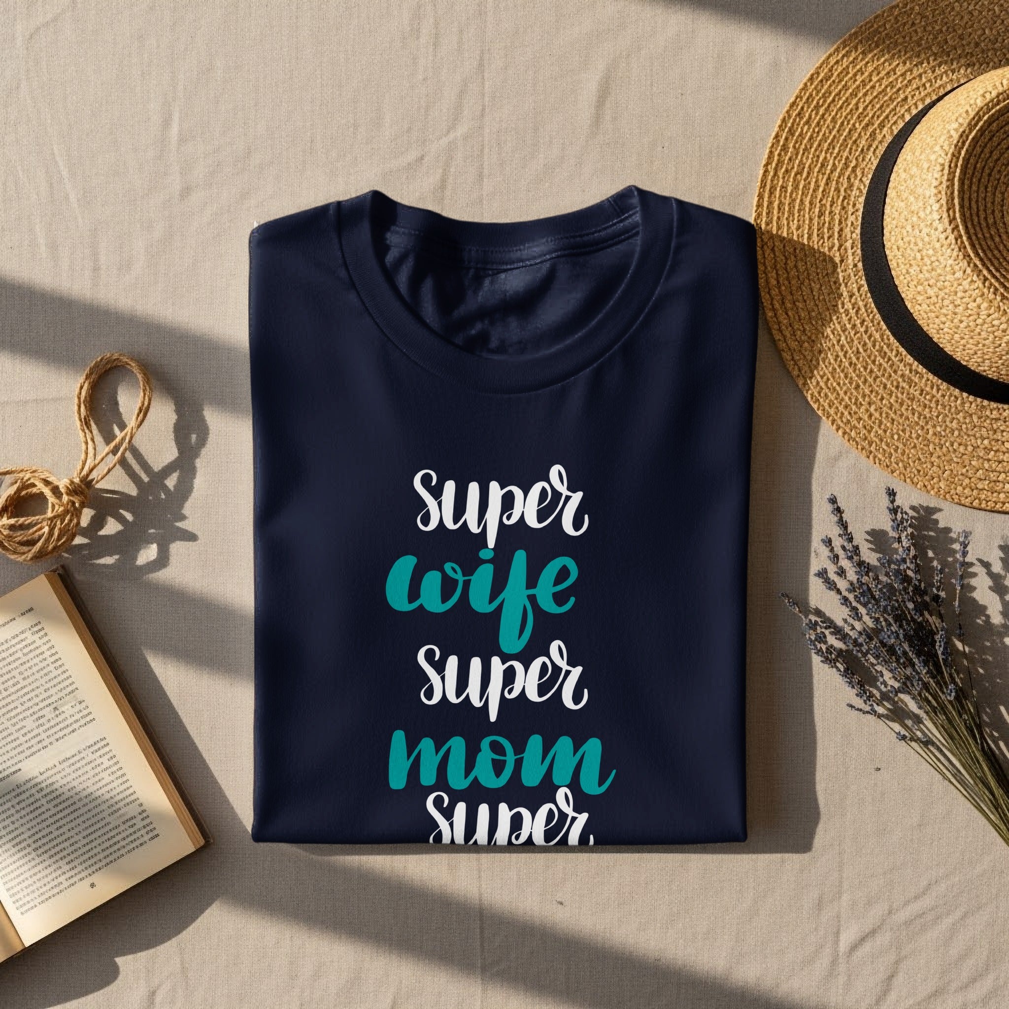 Navy t-shirt with "Super wife super mom super" text in white and teal.