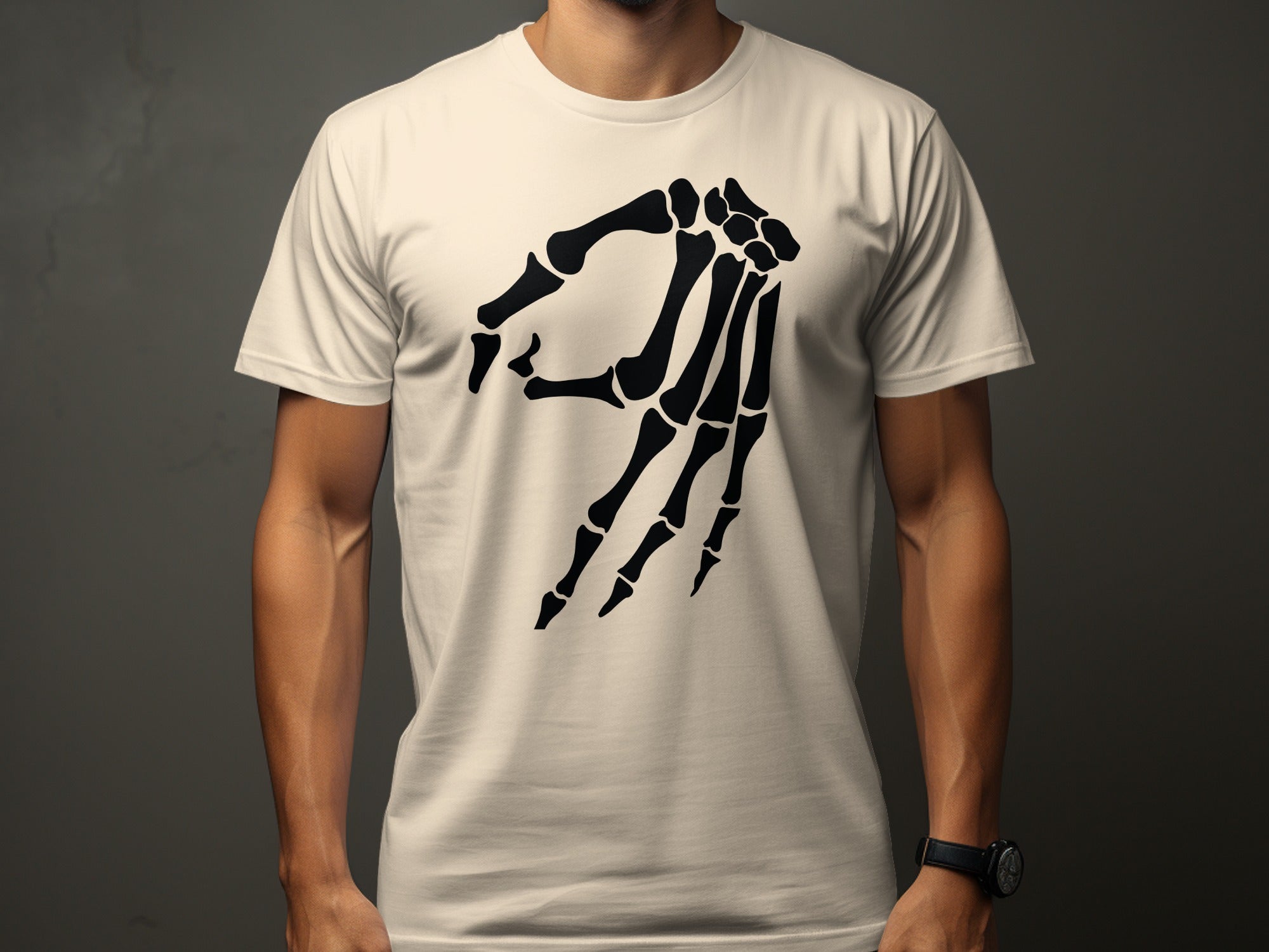 Off-white t-shirt with black skeleton hand graphic making a circle gesture.