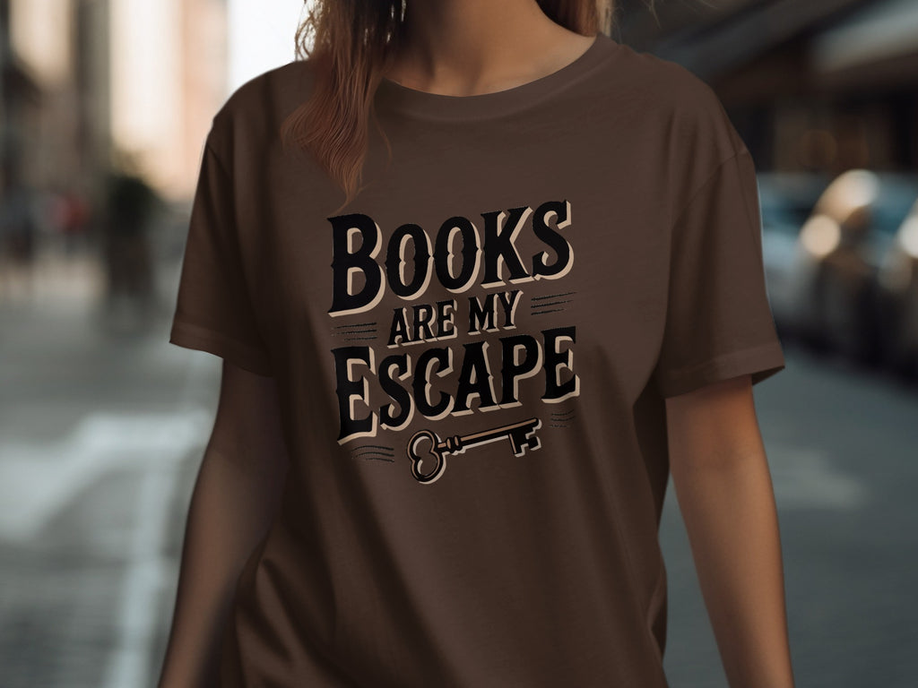 Brown t-shirt with "BOOKS ARE MY ESCAPE" text and a key graphic.