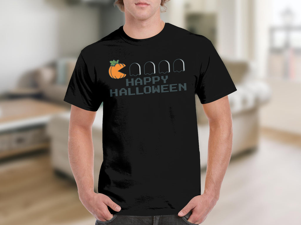Black t-shirt with a pumpkin Pac-Man and ghosts graphic saying "HAPPY HALLOWEEN".