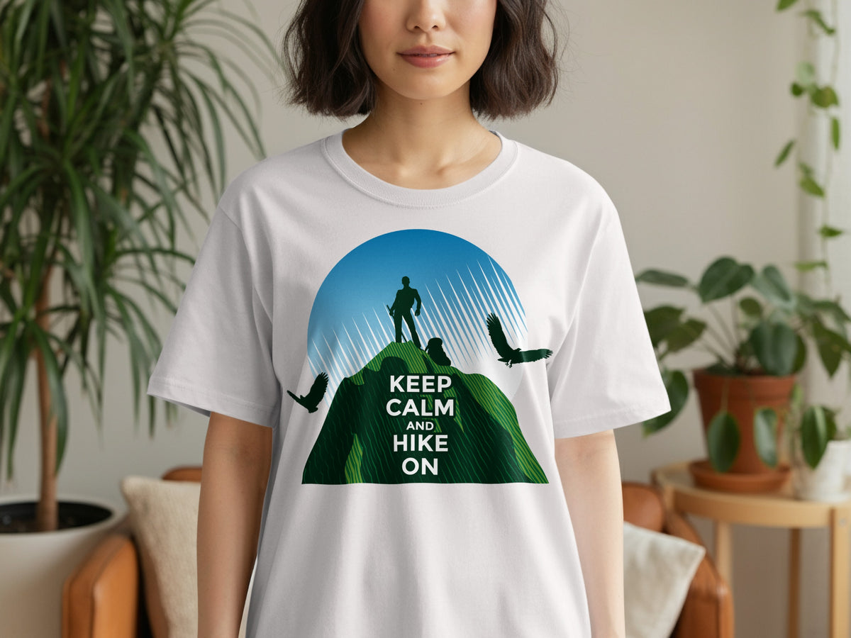 White t-shirt with graphic of hiker on mountain and birds with text "KEEP CALM AND HIKE ON".