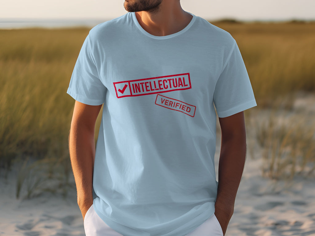 Light blue t-shirt with red "INTELLECTUAL VERIFIED" stamps.