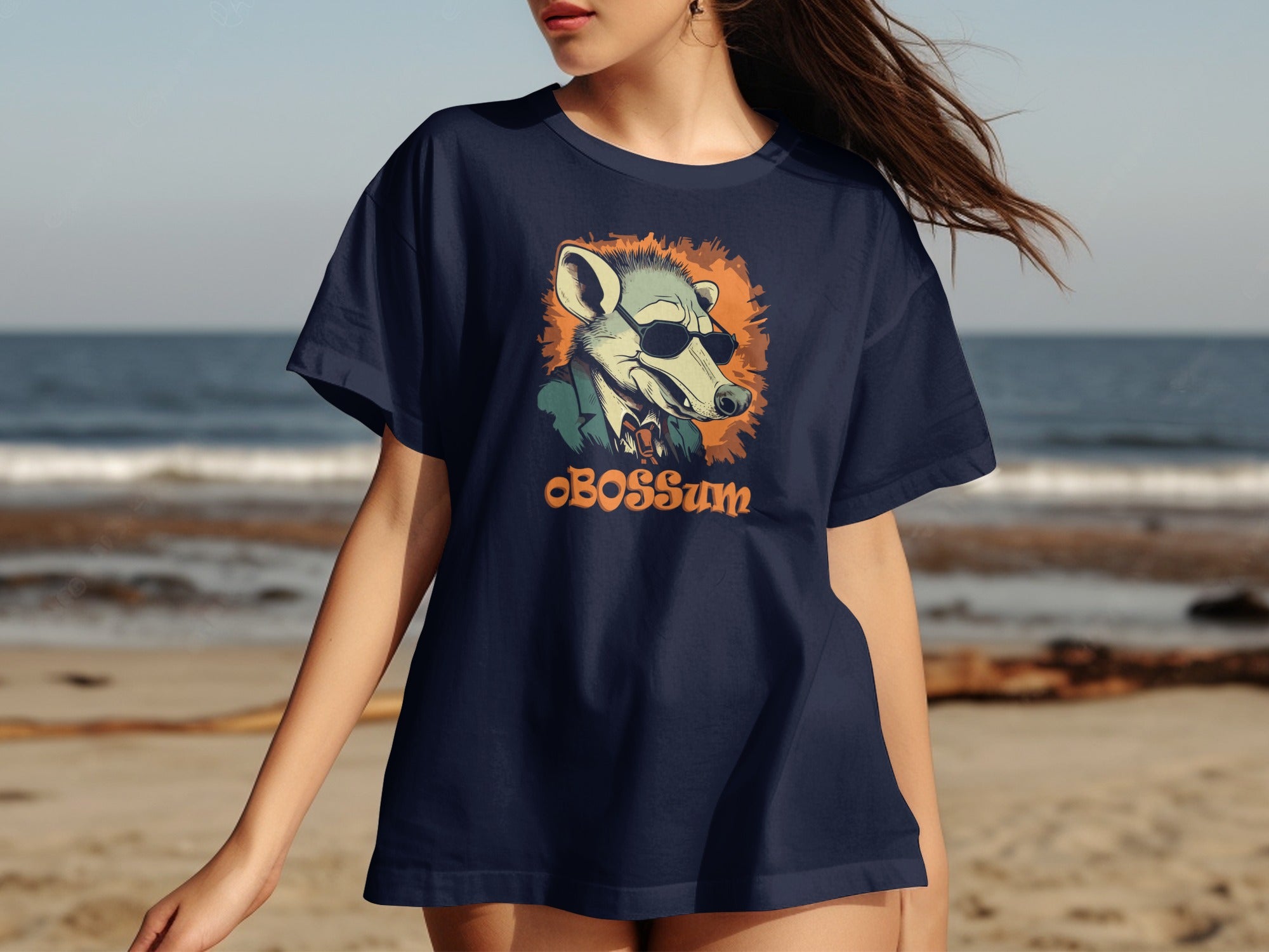 Navy t-shirt with a cartoon possum wearing sunglasses and suit, with text "BOSSsum".