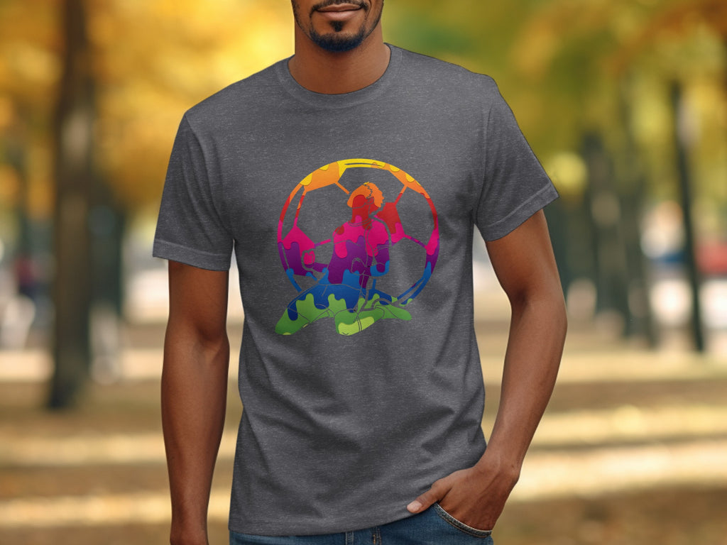 A man wears a grey t-shirt with a colorful soccer player illustration inside a soccer ball.