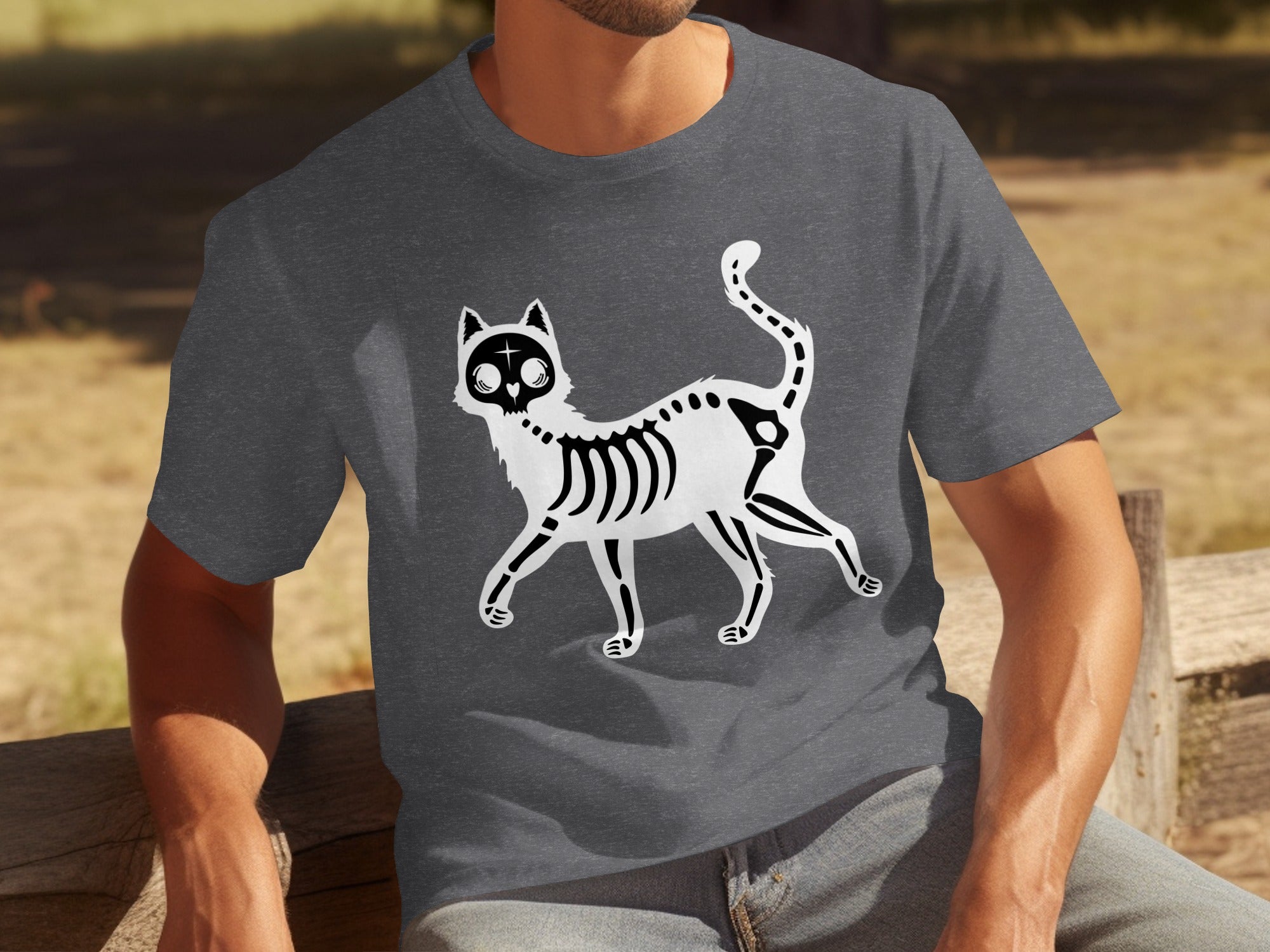 Dark gray t-shirt featuring a white cat skeleton graphic.