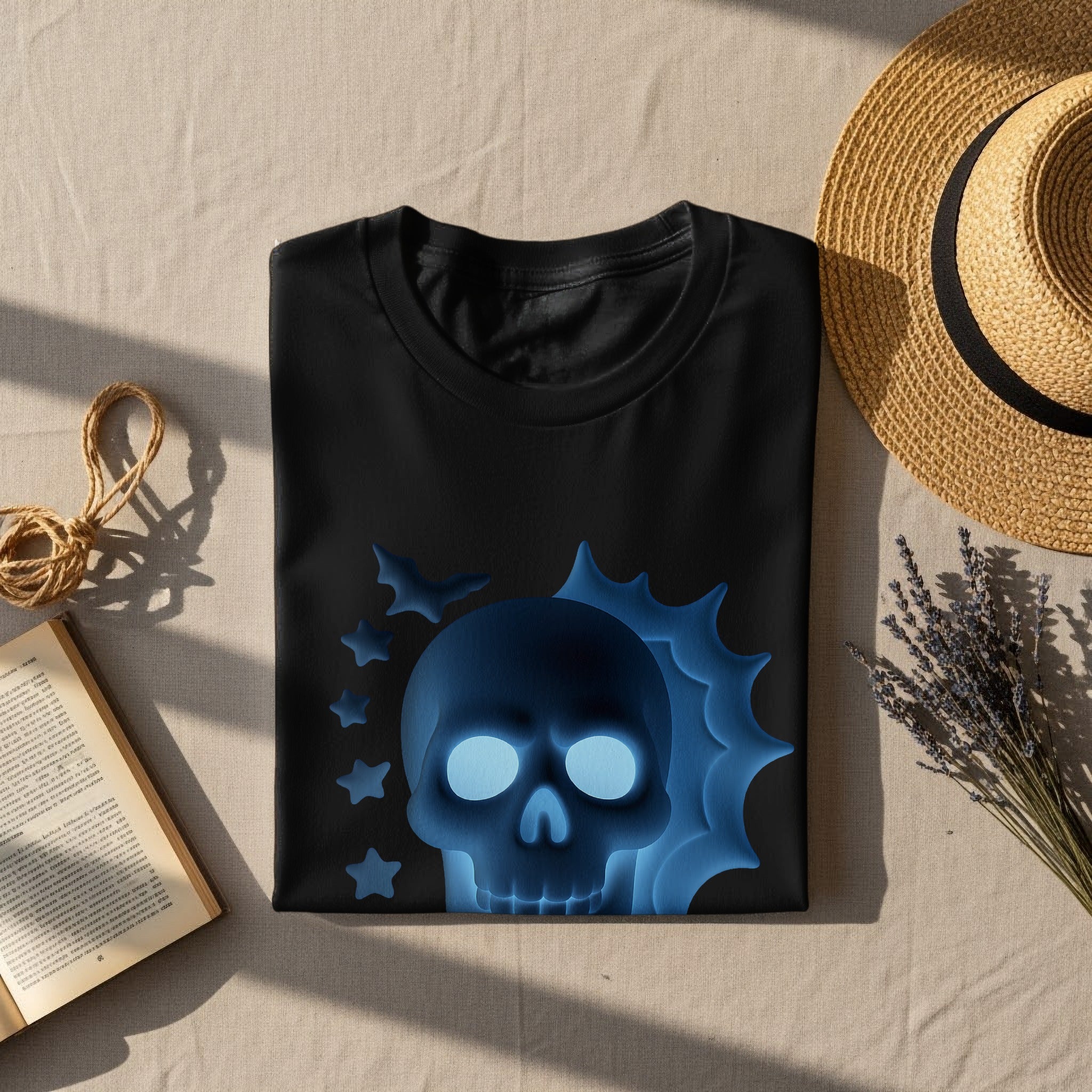 Black t-shirt with glowing blue skull, bats, and stars graphic.