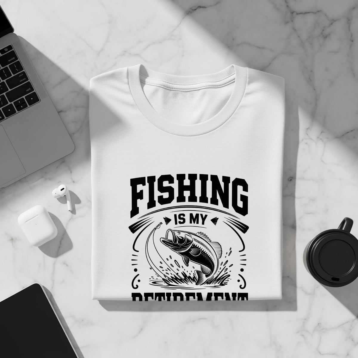 White t-shirt with black graphic: "FISHING IS MY RETIREMENT" and a leaping bass.