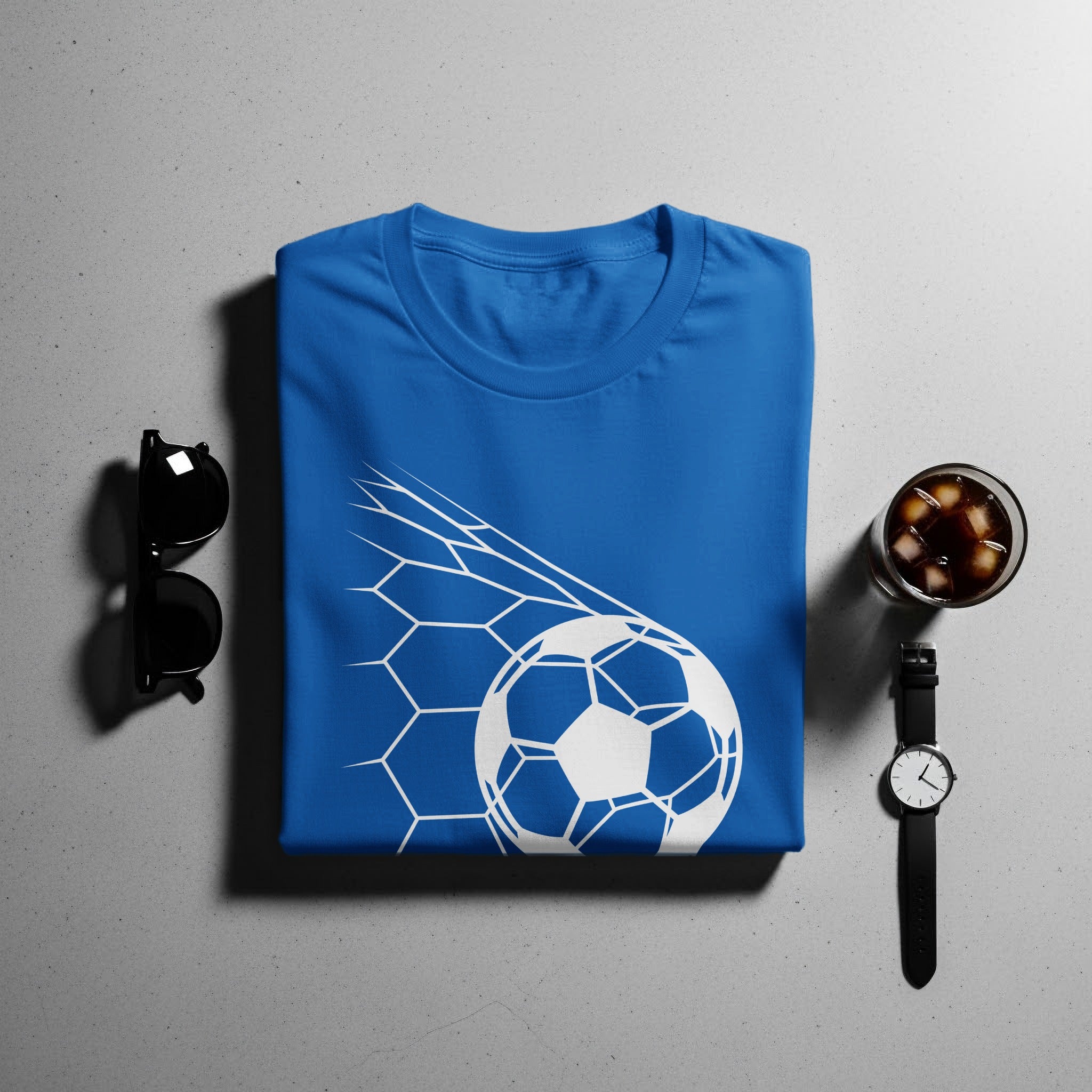 Blue t-shirt with white soccer ball and net graphic.