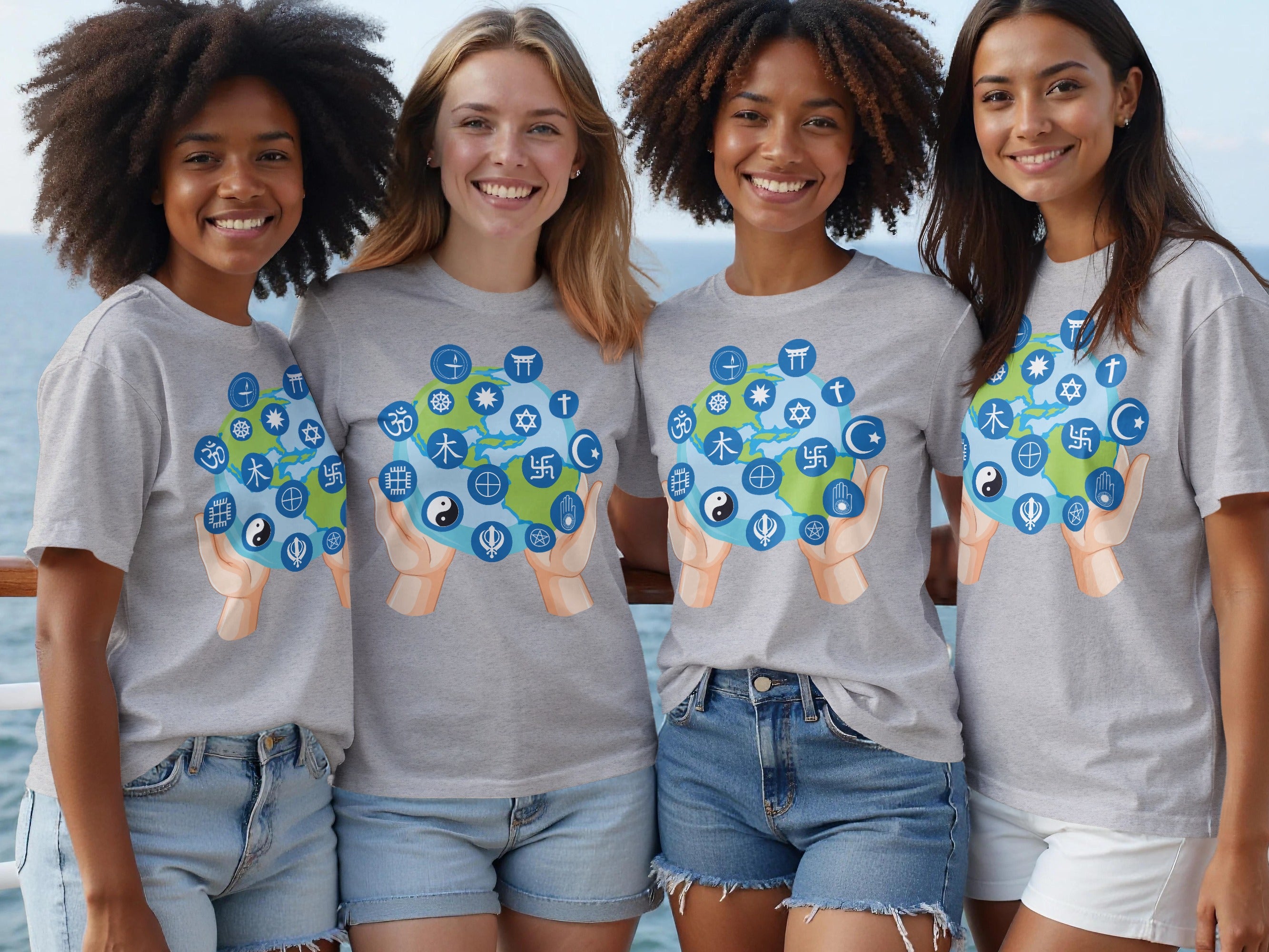 Four women in t-shirts with a globe design featuring various religious symbols.