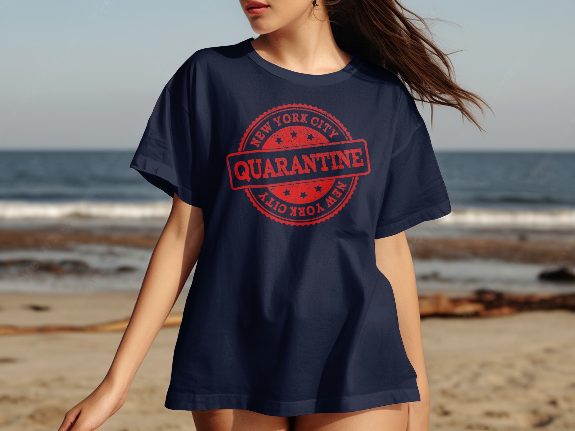 Navy t-shirt with red quarantined New York City stamp graphic.
