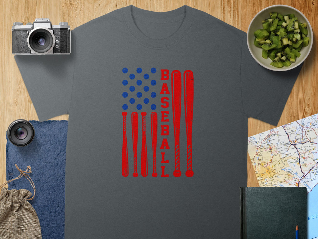 Gray t-shirt with red baseball bats and blue dots forming an American flag.