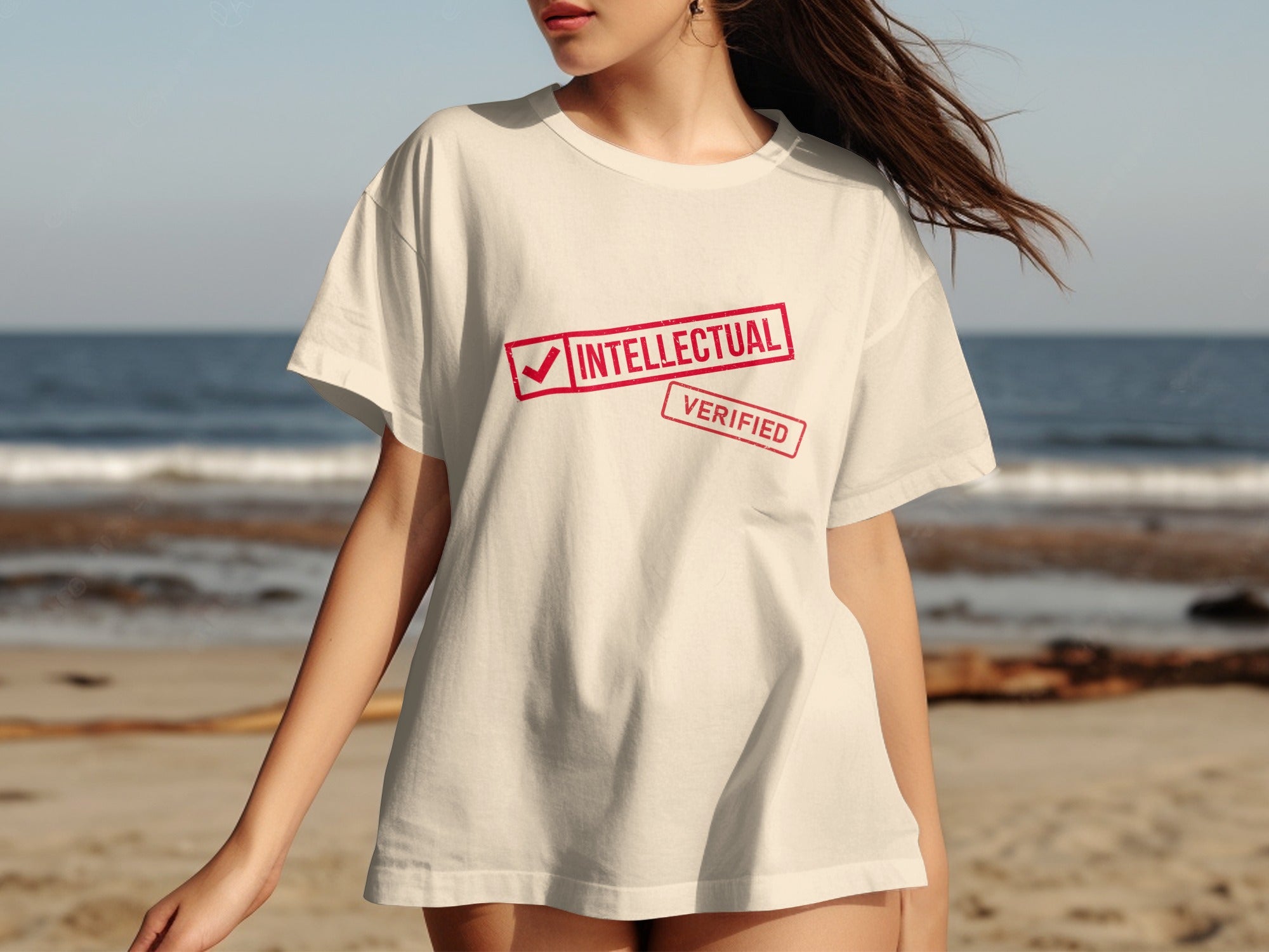 Cream t-shirt with red "INTELLECTUAL VERIFIED" stamp design.