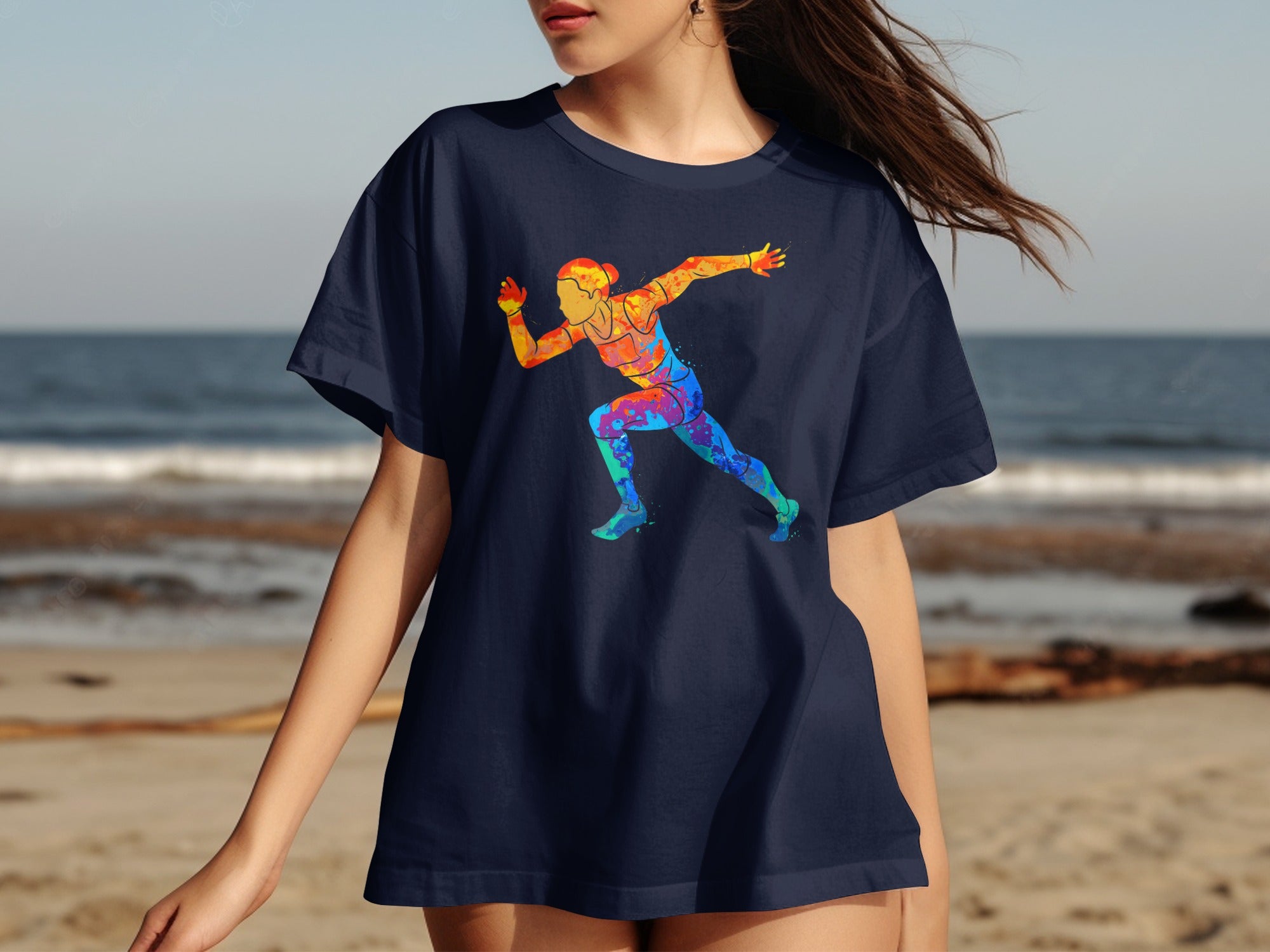 Dark navy t-shirt with a colorful abstract runner graphic on front.