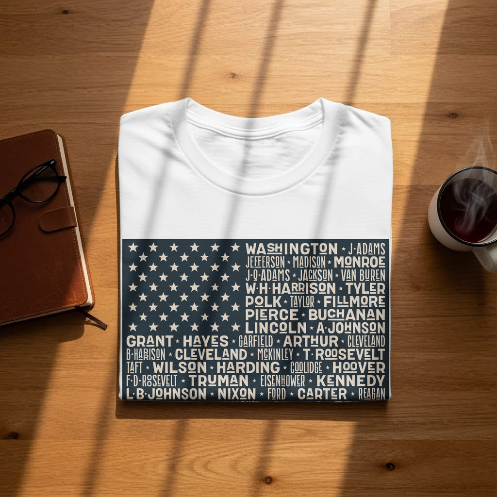 White t-shirt with a navy blue flag design listing US presidents.