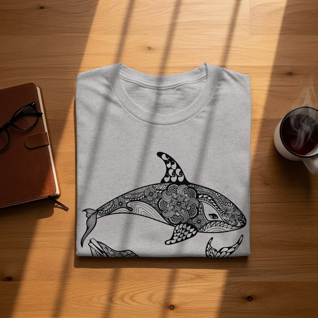 Grey t-shirt with a black orca whale design with intricate floral patterns.