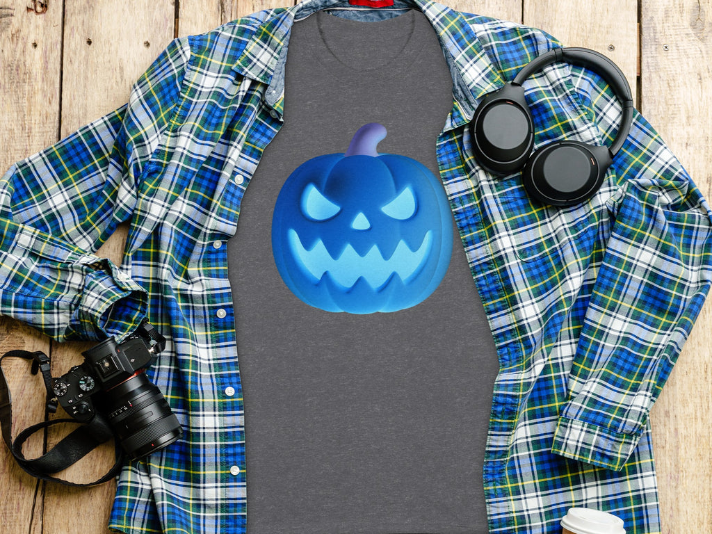 Grey t-shirt with a glowing blue jack-o'-lantern graphic.