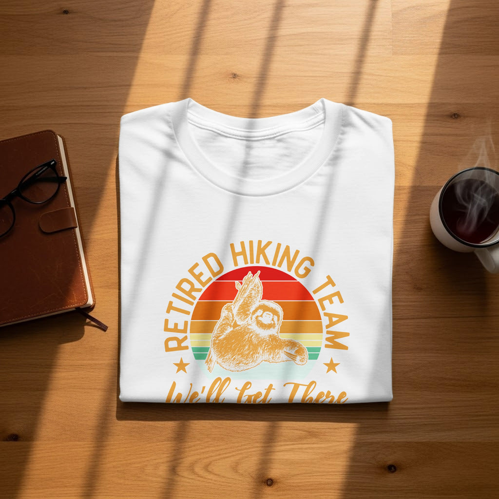 White t-shirt with vintage sloth graphic and text "Retired Hiking Team We'll Get There".