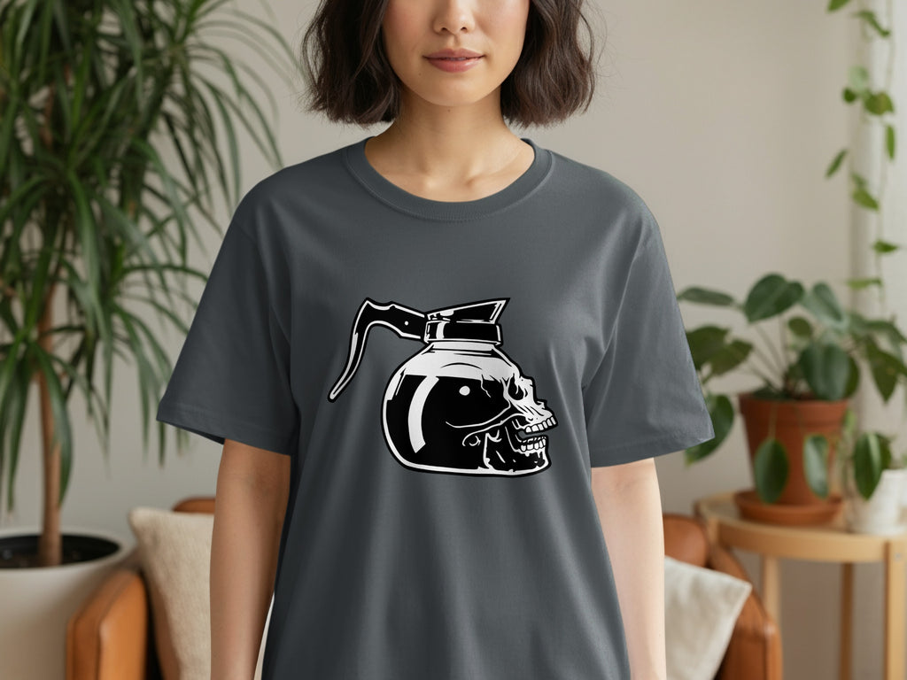 Dark gray t-shirt with black skull coffee pot graphic on the front.