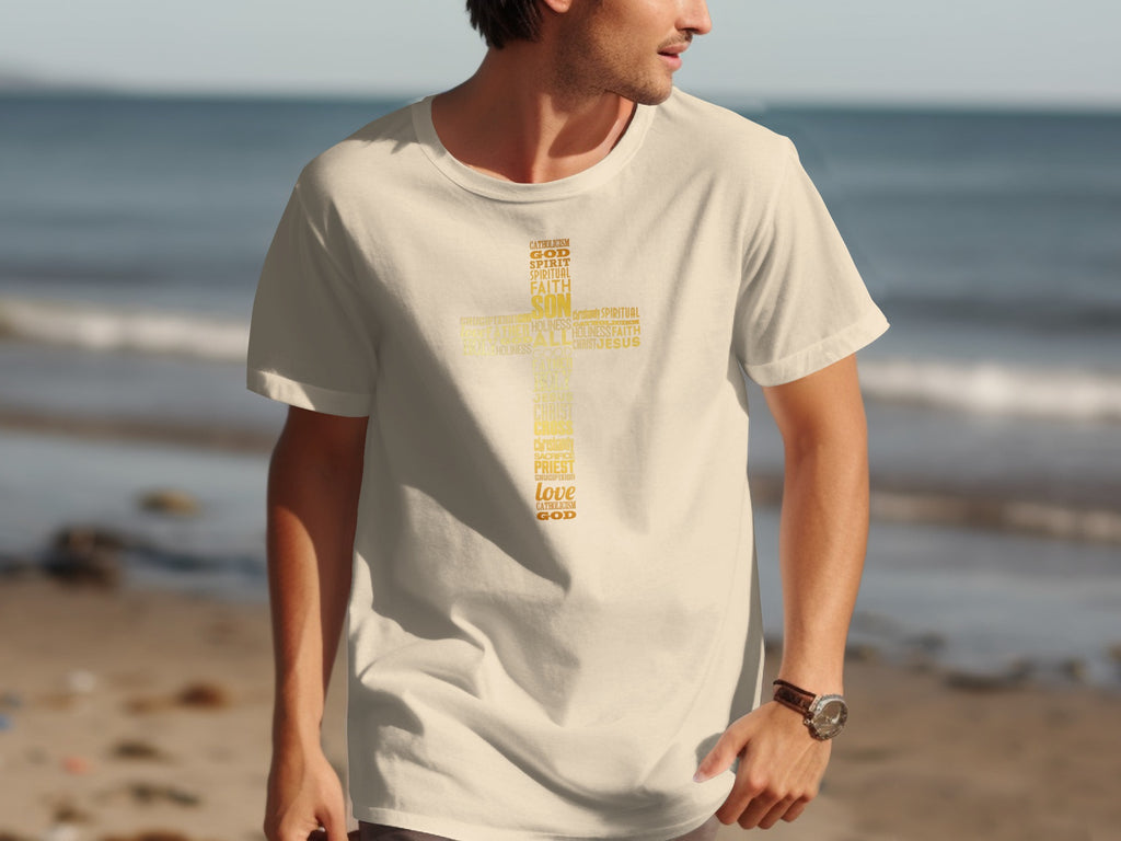 Cream t-shirt with golden cross word art featuring religious terms.