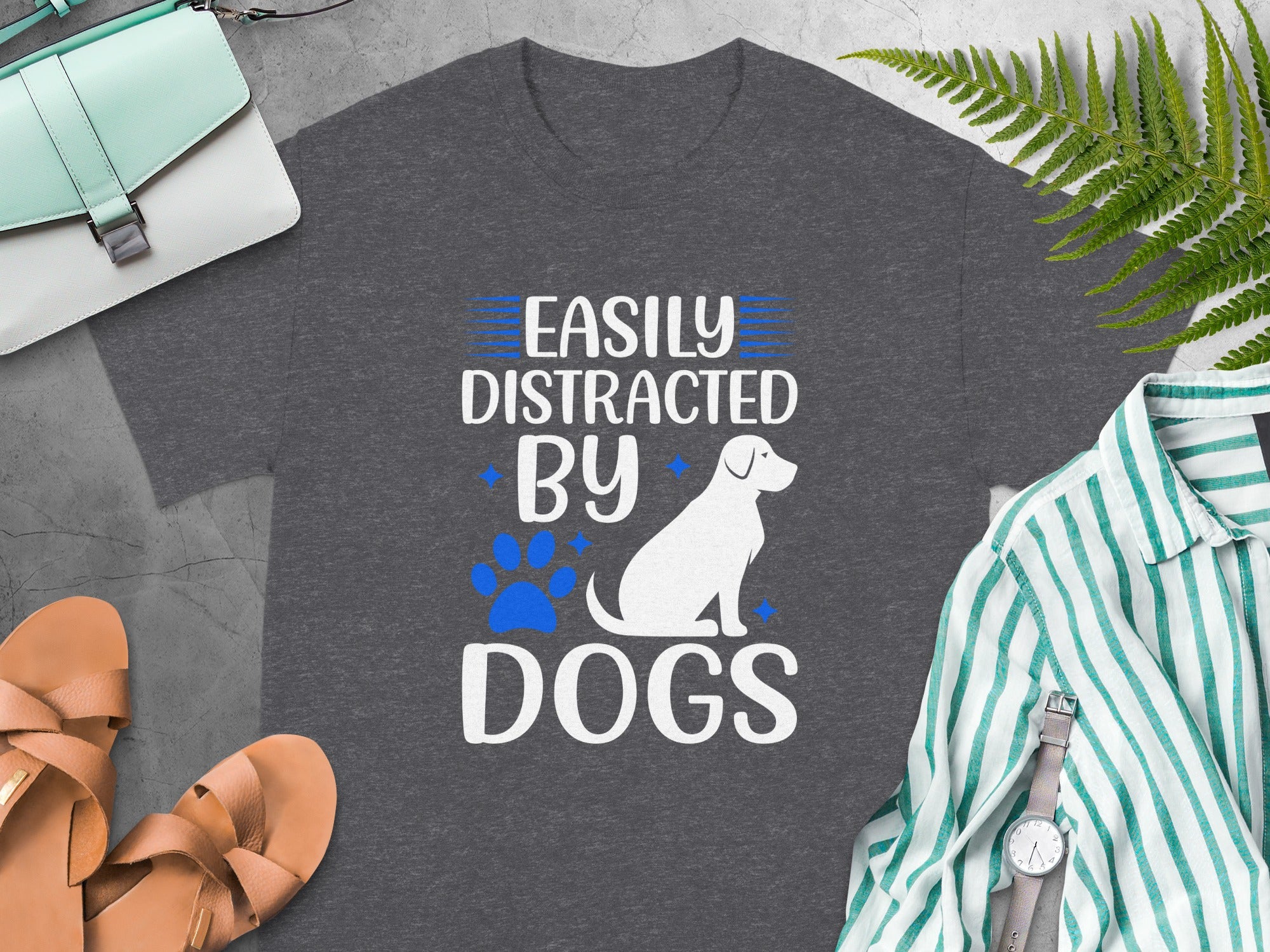 Dark gray t-shirt with "Easily Distracted By Dogs" text and dog graphic.