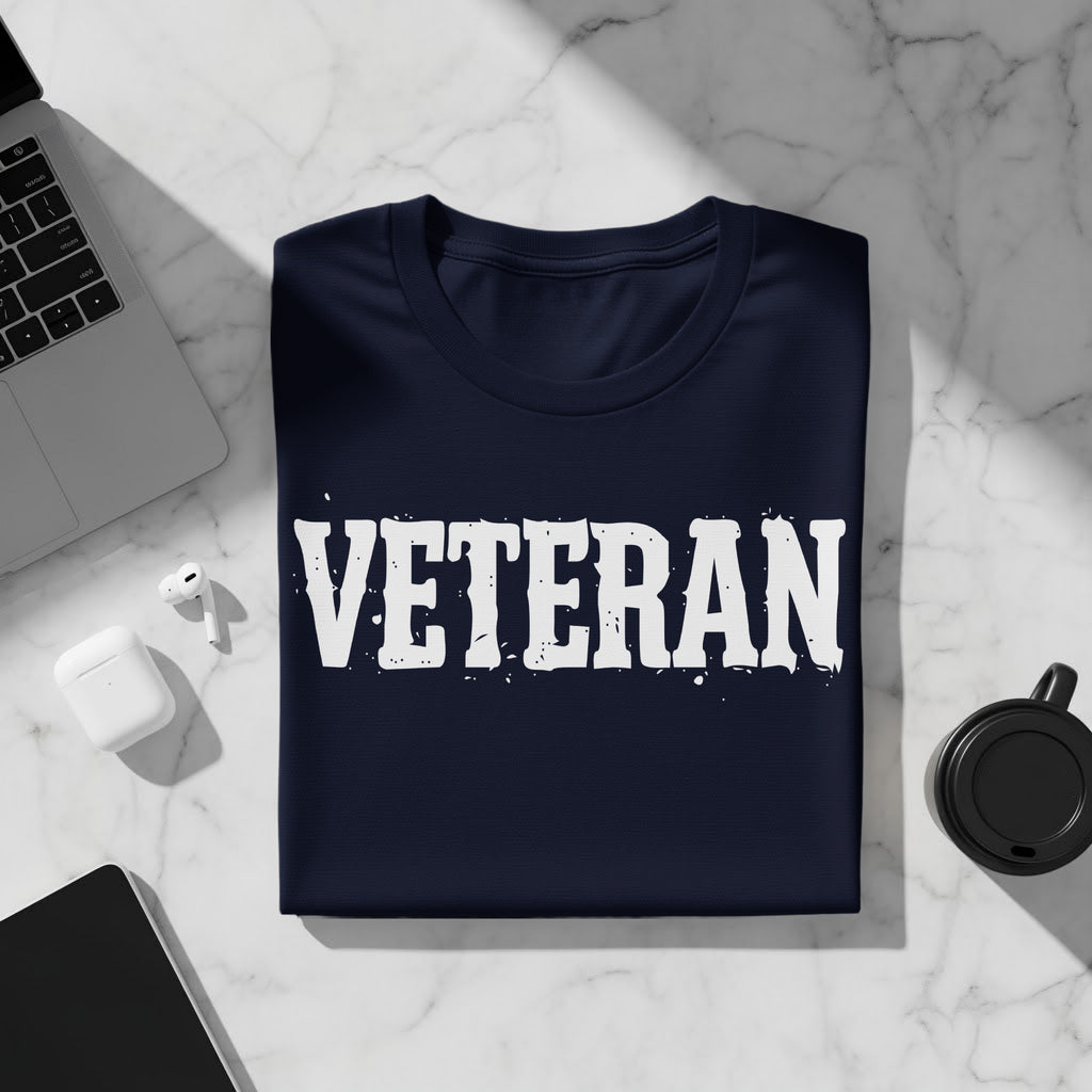 Navy t-shirt with white distressed "VETERAN" text