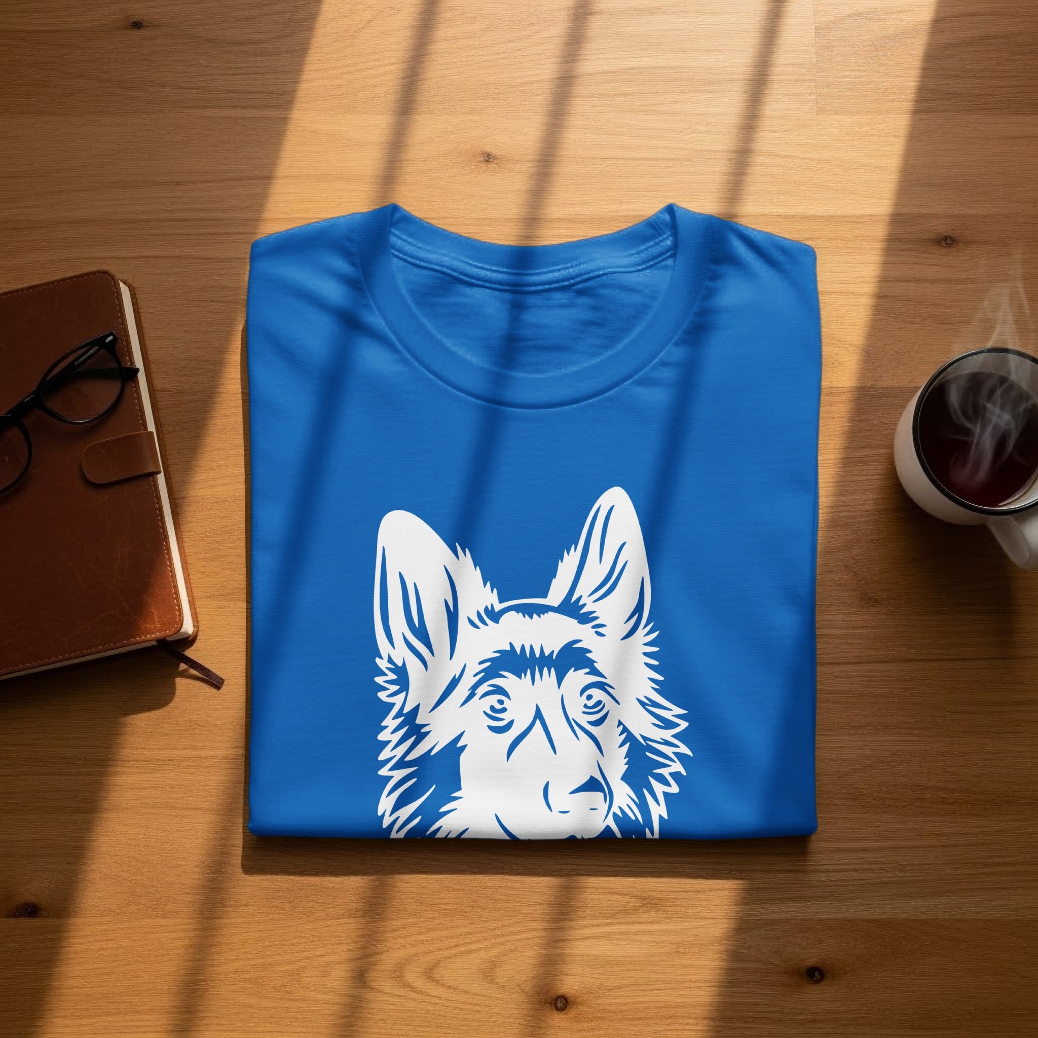 Blue t-shirt with white outline of a dog's face.