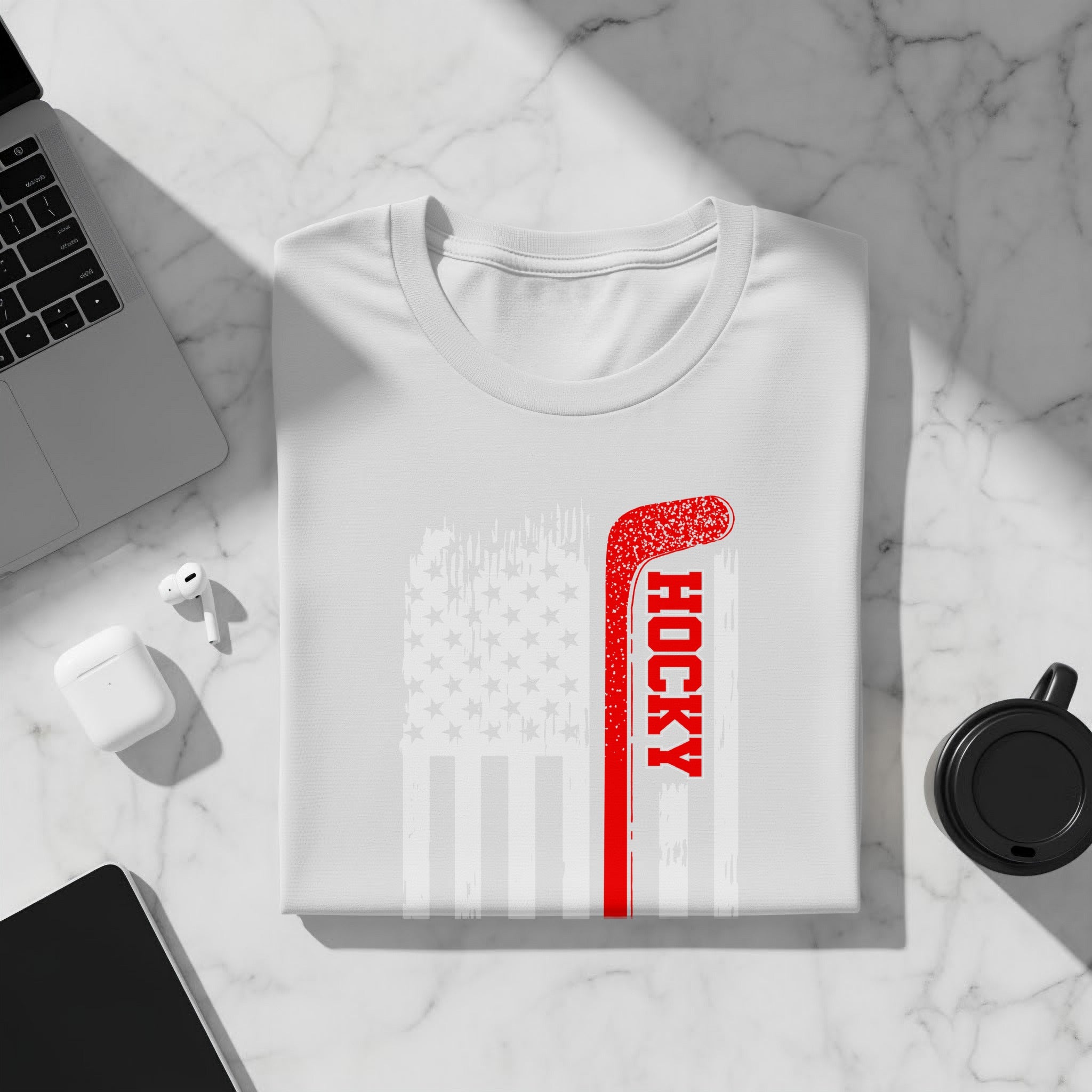 White t-shirt with a distressed American flag design and the word "HOCKY".