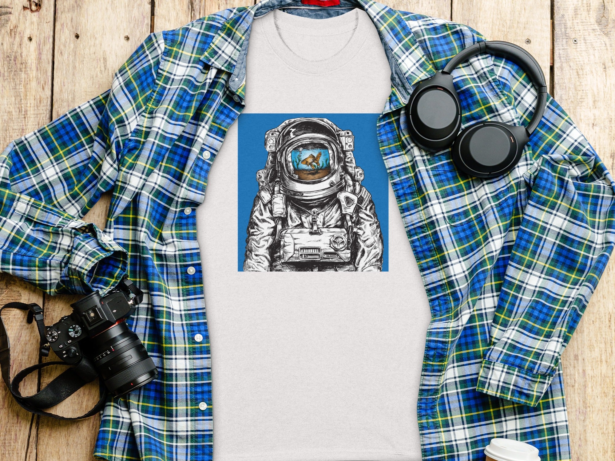 T-shirt with astronaut's helmet holding a goldfish aquarium graphic.