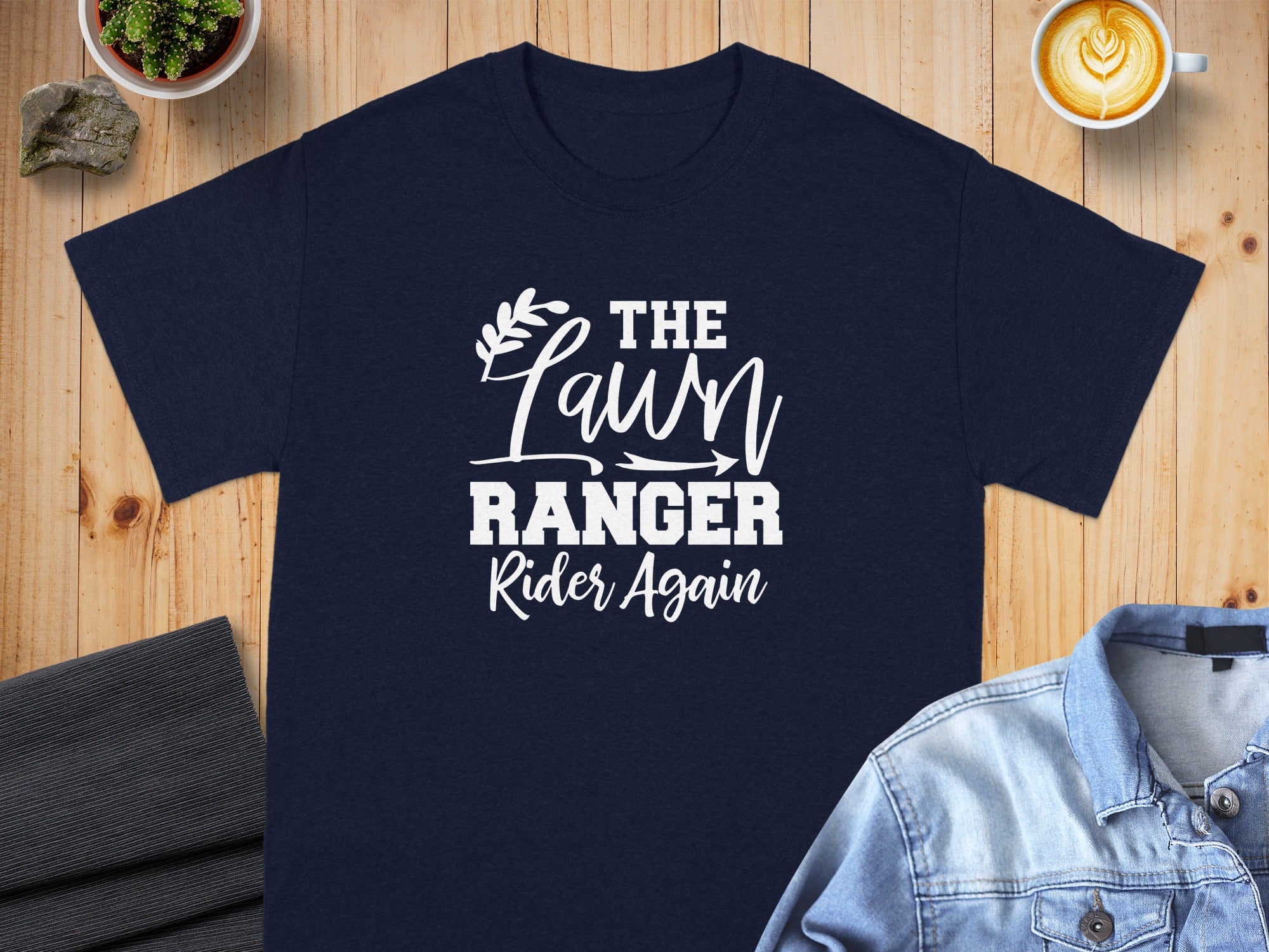 Navy t-shirt with white text "The Lawn Ranger Rider Again"