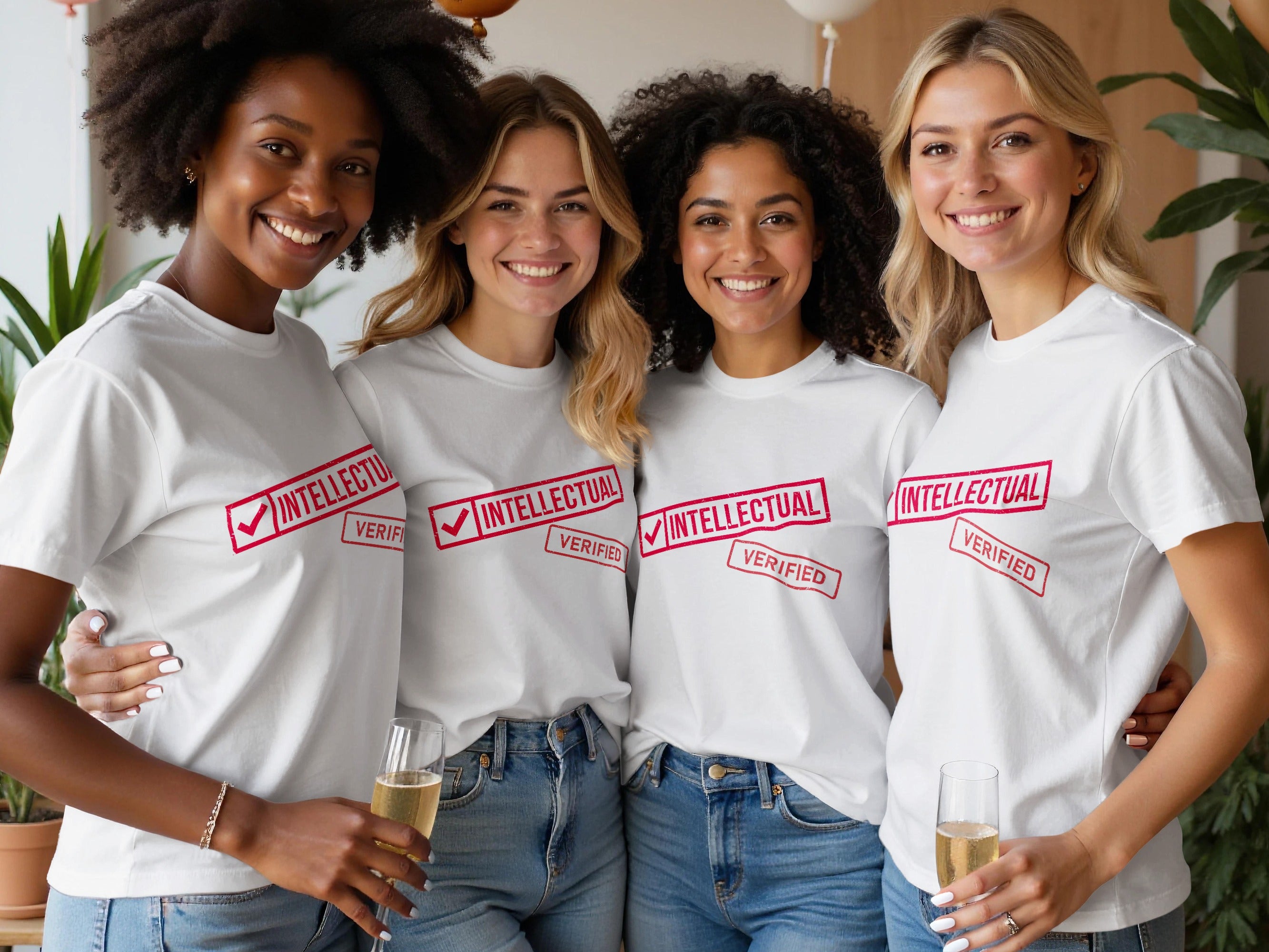 Four smiling women wear white t-shirts with red "INTELLECTUAL VERIFIED" stamp design.