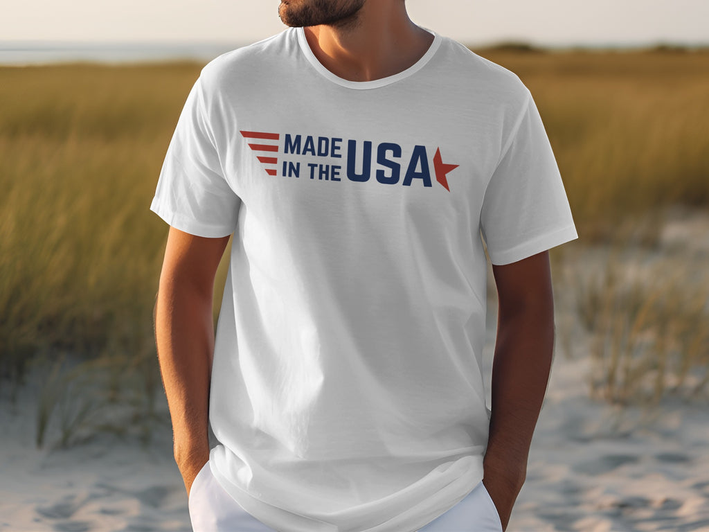 White t-shirt with "MADE IN THE USA" text and patriotic graphics.