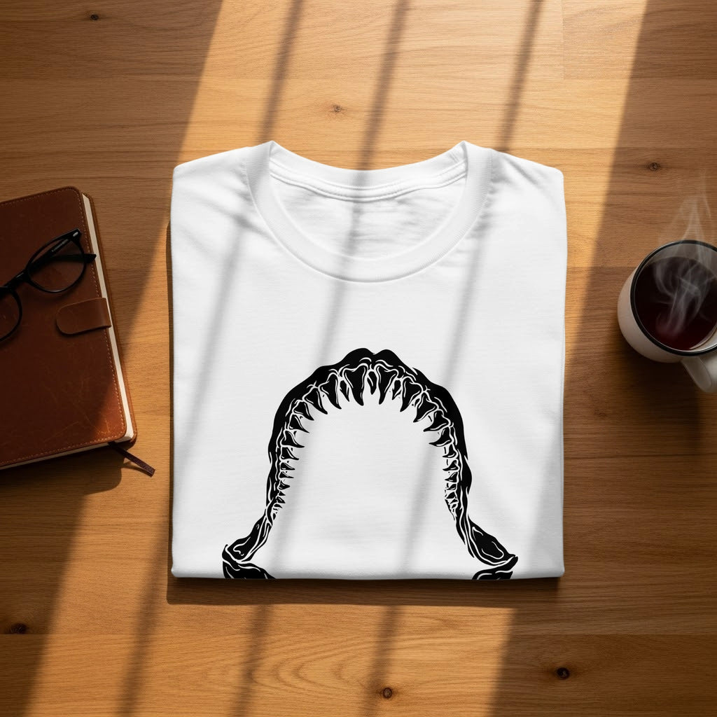 White t-shirt folded with a black shark jaw graphic on the chest.