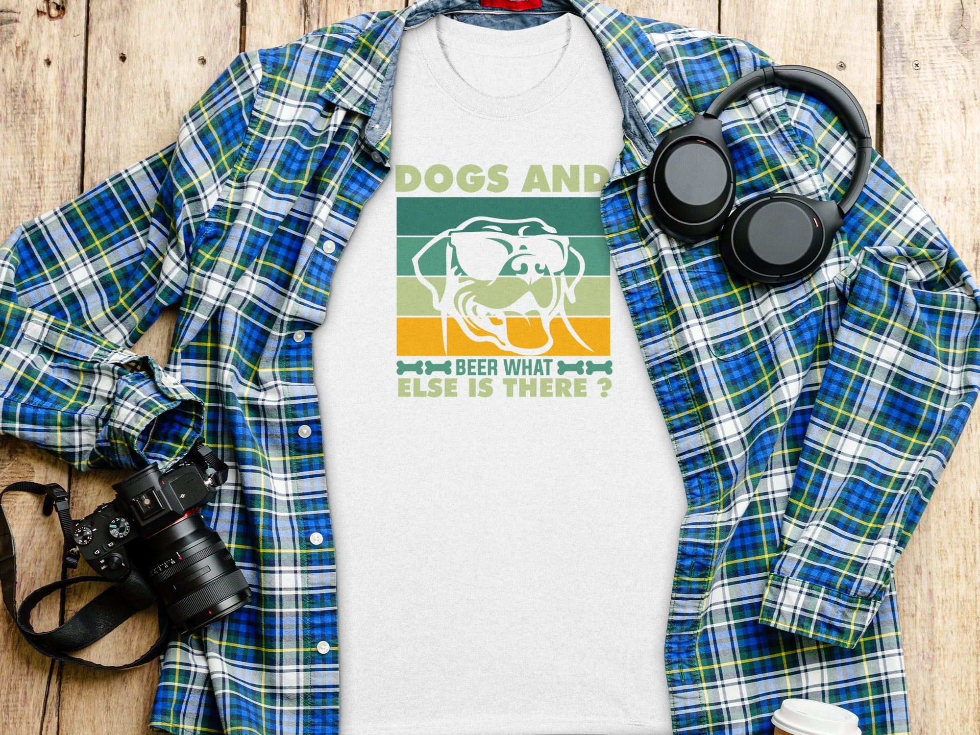 White t-shirt with graphic of dog wearing sunglasses, text "DOGS AND BEER WHAT ELSE IS THERE?"