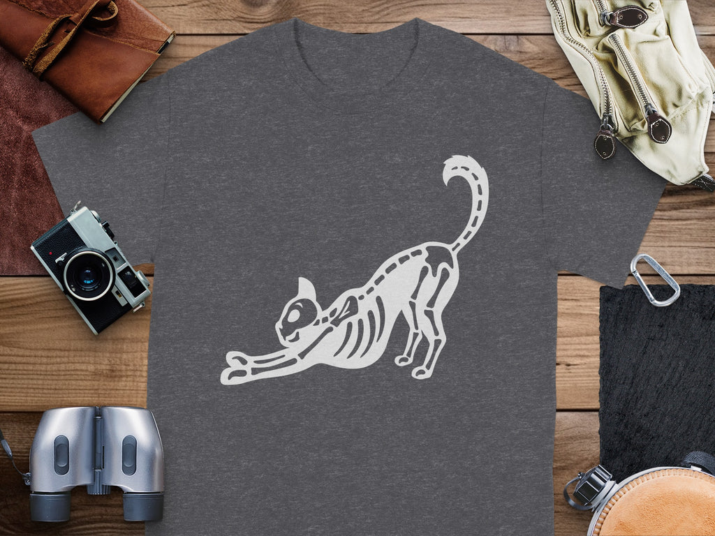 Dark grey t-shirt featuring a white cat skeleton graphic in a stretching pose.