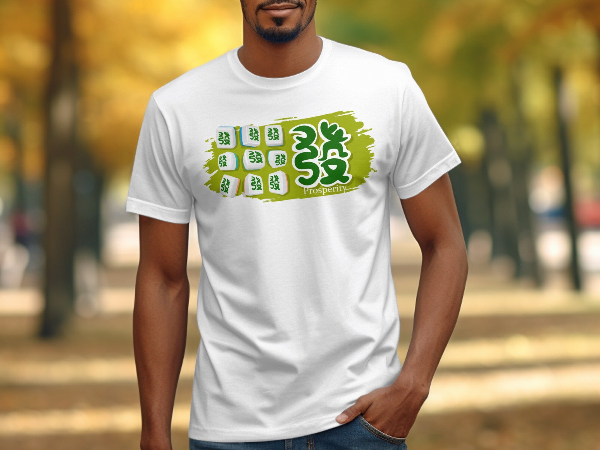 White t-shirt with green graphic featuring mahjong tiles and the word "Prosperity".