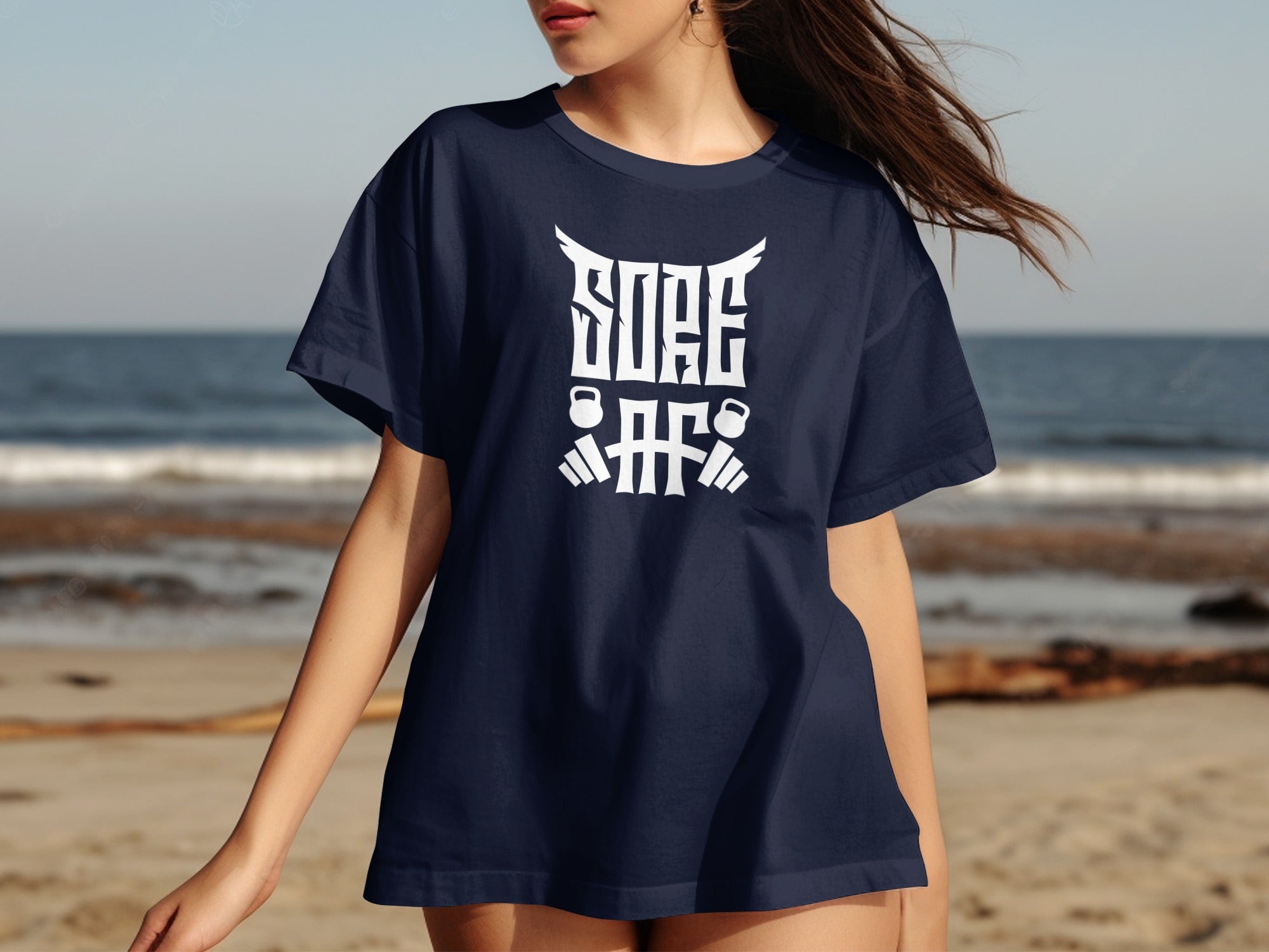 Navy t-shirt with white "SORE AF" text and kettlebells graphic.