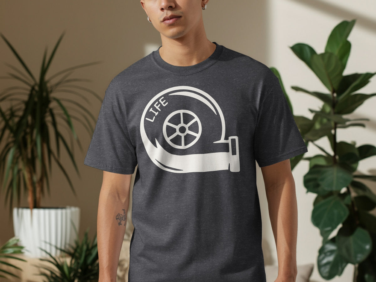 Dark gray t-shirt with white turbocharger graphic and the word "LIFE".