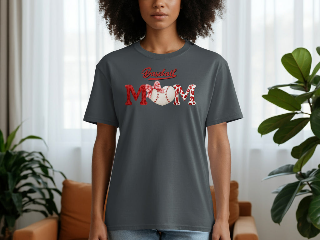 Dark grey t-shirt with "Baseball Mom" design featuring a baseball and red accents.