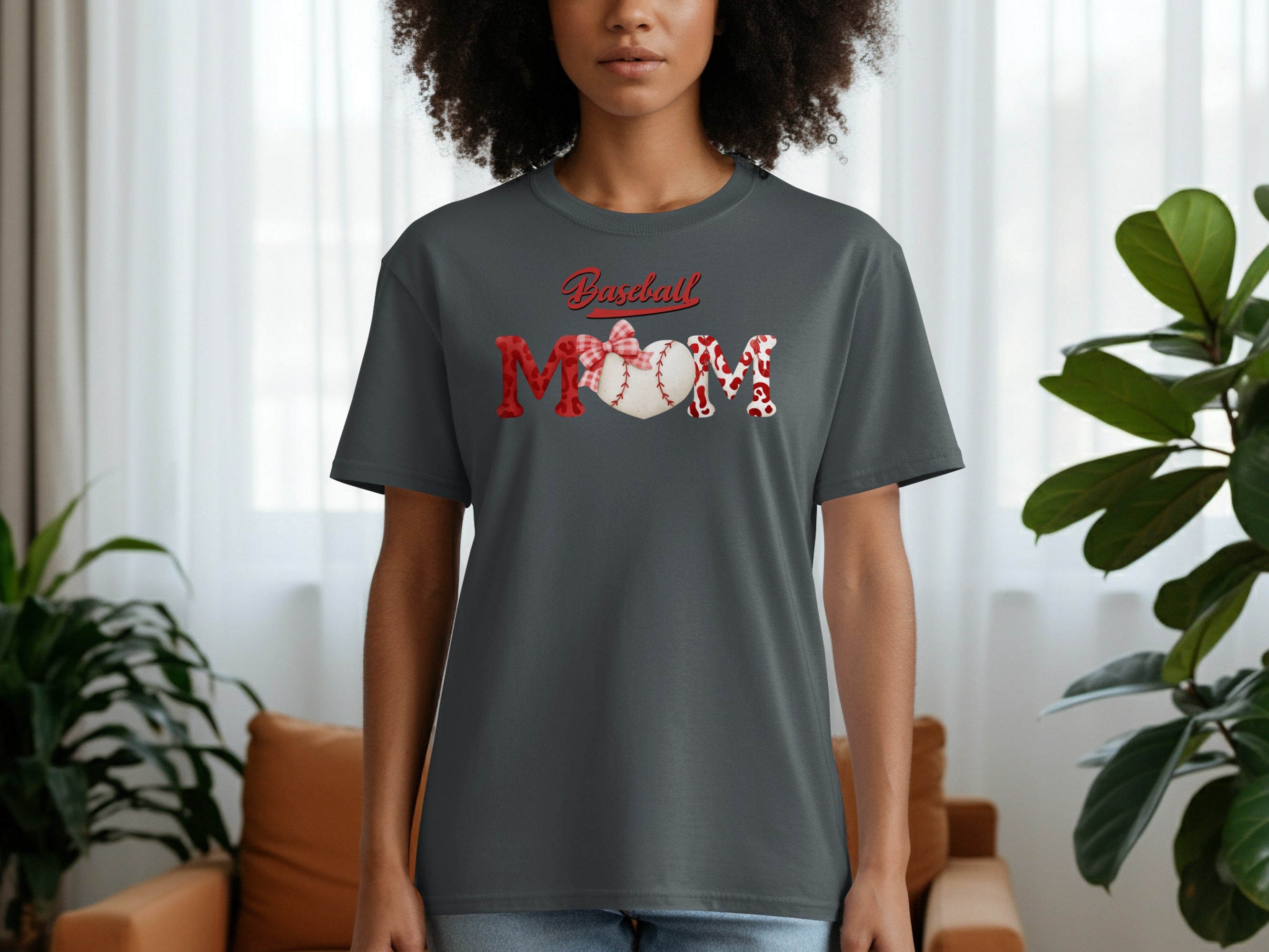 Dark grey t-shirt with "Baseball Mom" design featuring a baseball and red accents.
