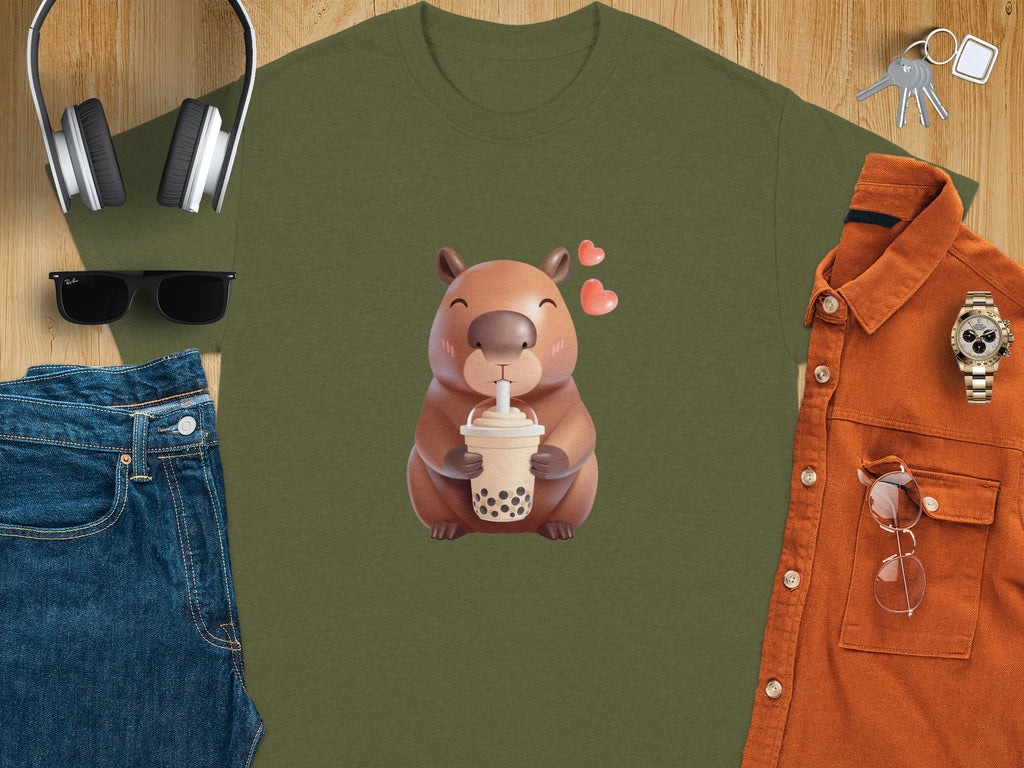 Green t-shirt with cartoon capybara holding a boba tea drink.