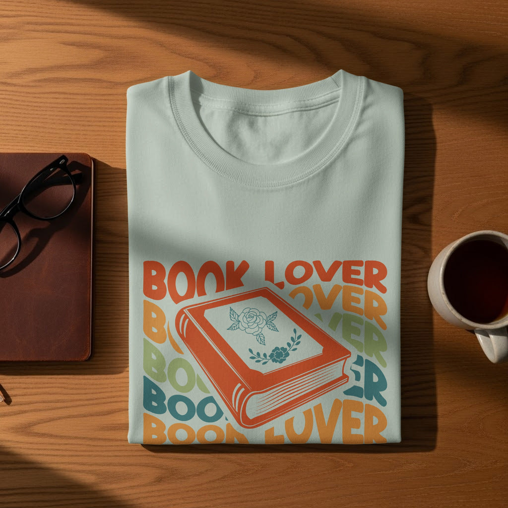 Light blue folded t-shirt with "Book Lover" text and a stylized orange book graphic.