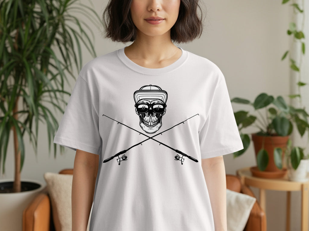 Skull wearing sunglasses and a hat, crossed over fishing rods on a white t-shirt.